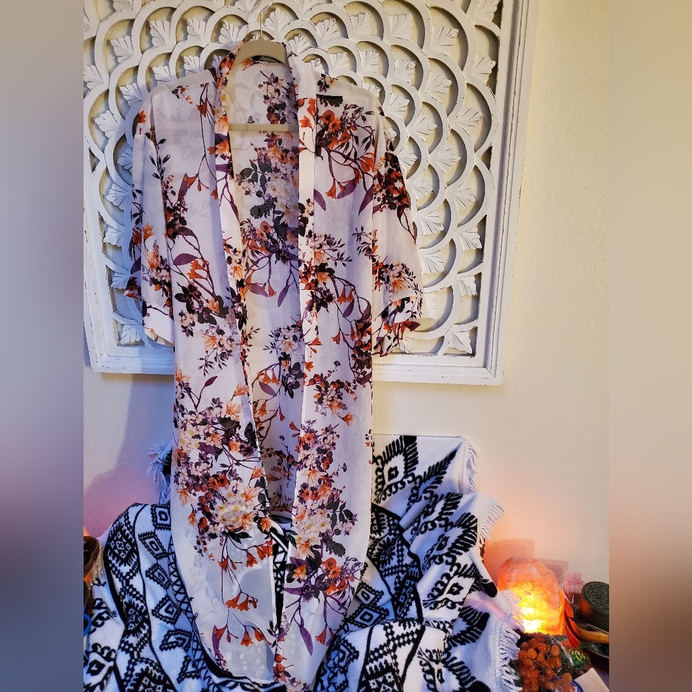 EZRA Kimono Robe Cover-up Jacet Floral Orange Purple Size Small